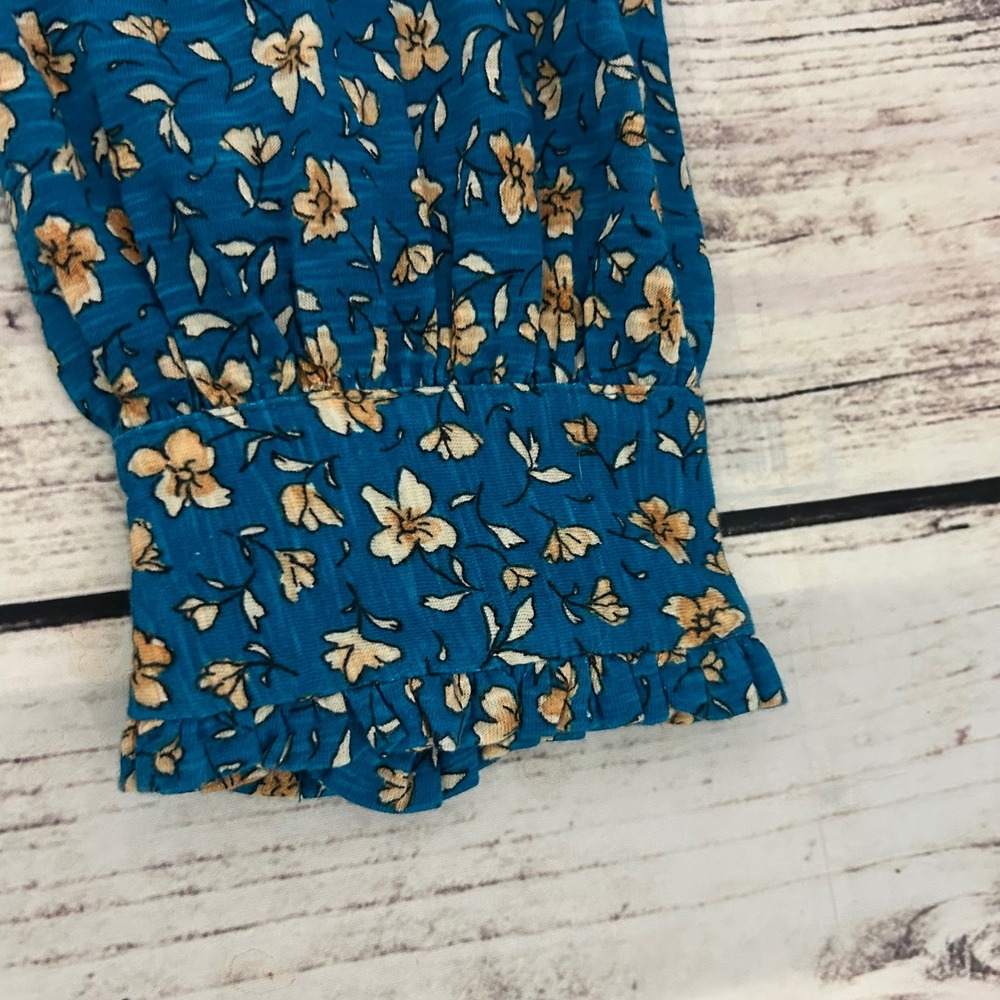 J. Jill Teal Floral Pintuck V-Neck Blouse Cotton Tencel Modal L Long Sleeve - Picture 4 of 9